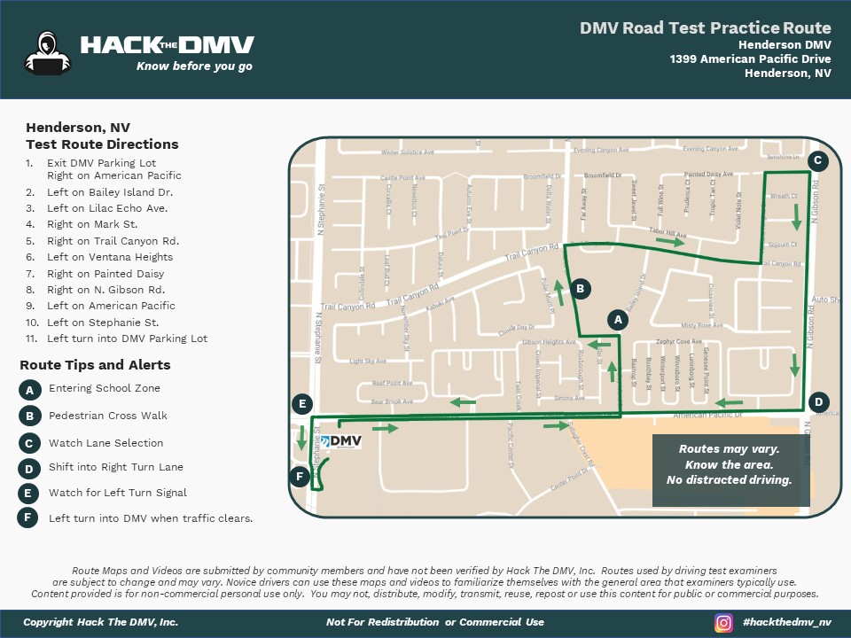 Henderson Nevada, DMV Test Route Map 