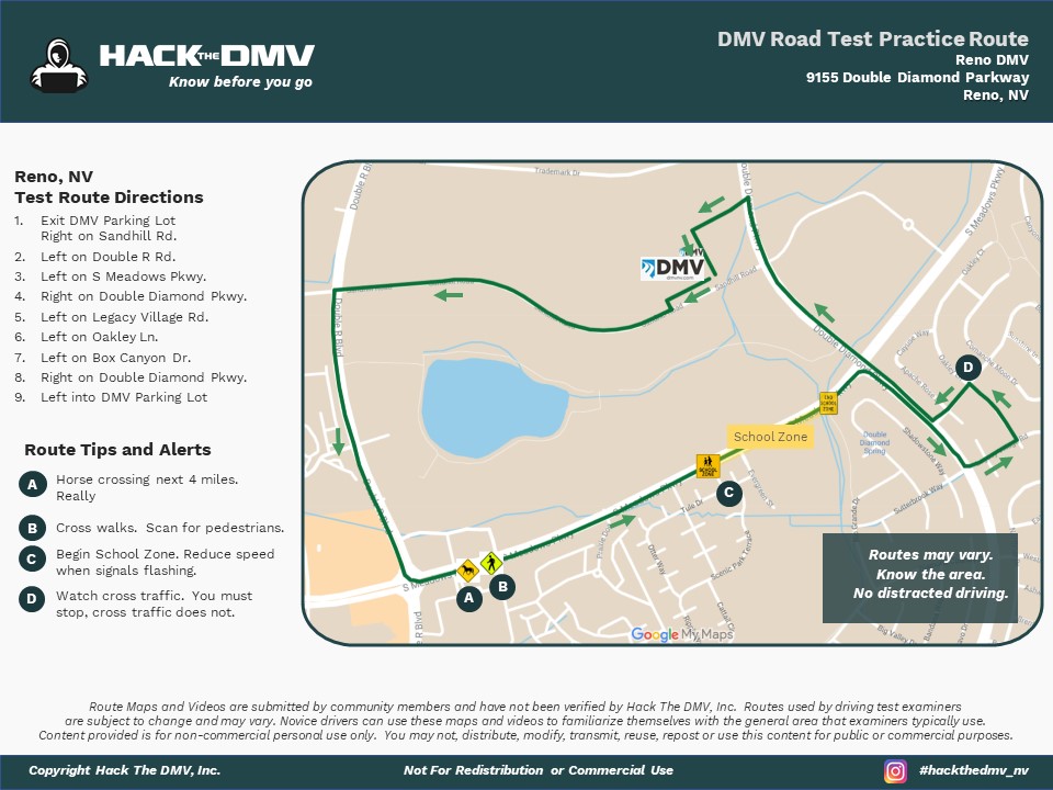 Reno Nevada, DMV Test Route Map 