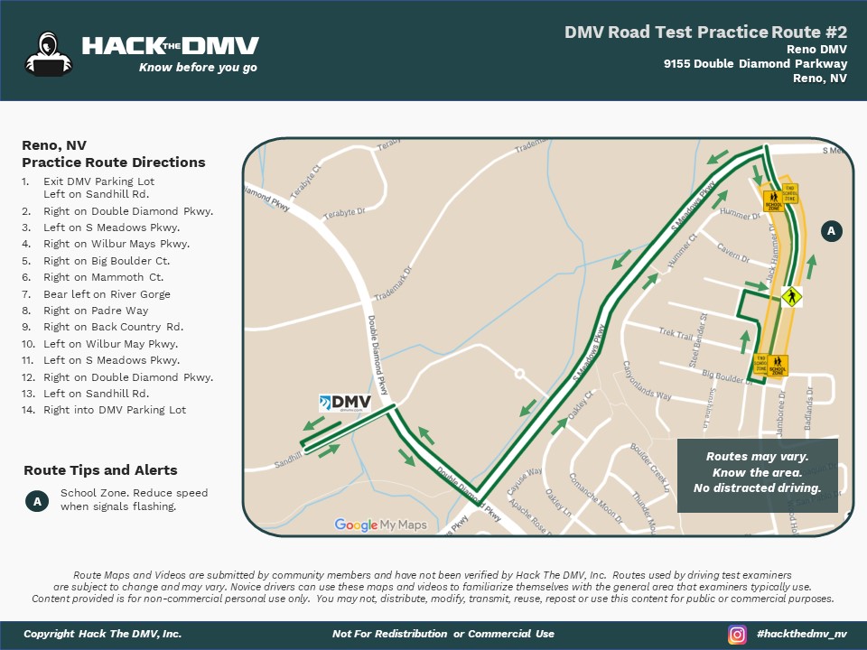 Reno Nevada, DMV Test Route Map 