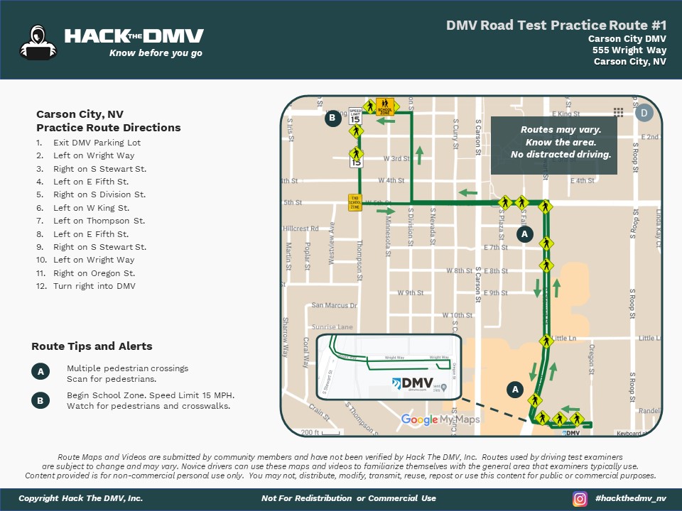 Carson City Nevada, DMV Test Route Map 