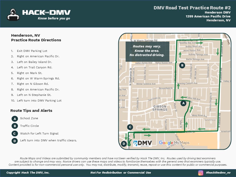 Henderson Nevada, DMV Test Route Map 
