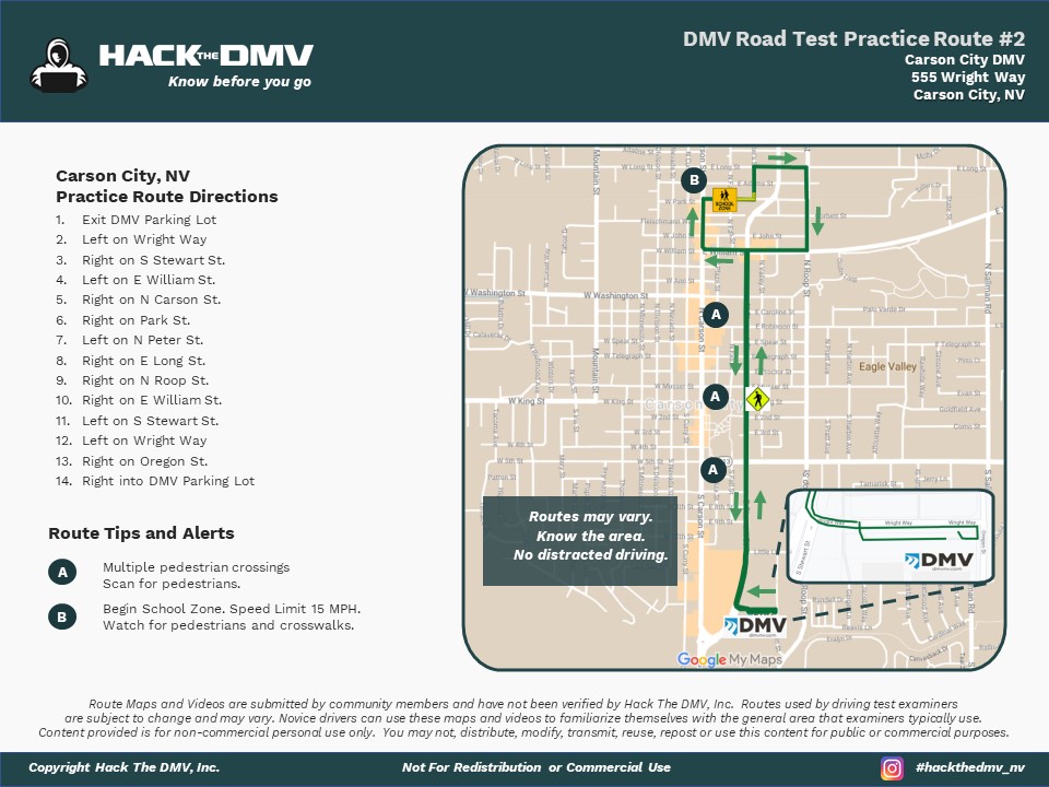 Carson City Nevada, DMV Test Route Map 